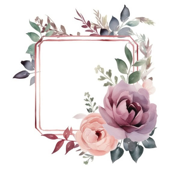 Dipinto ad acquerello con una cornice di fiori e foglie di rosa viola-rosa pastello