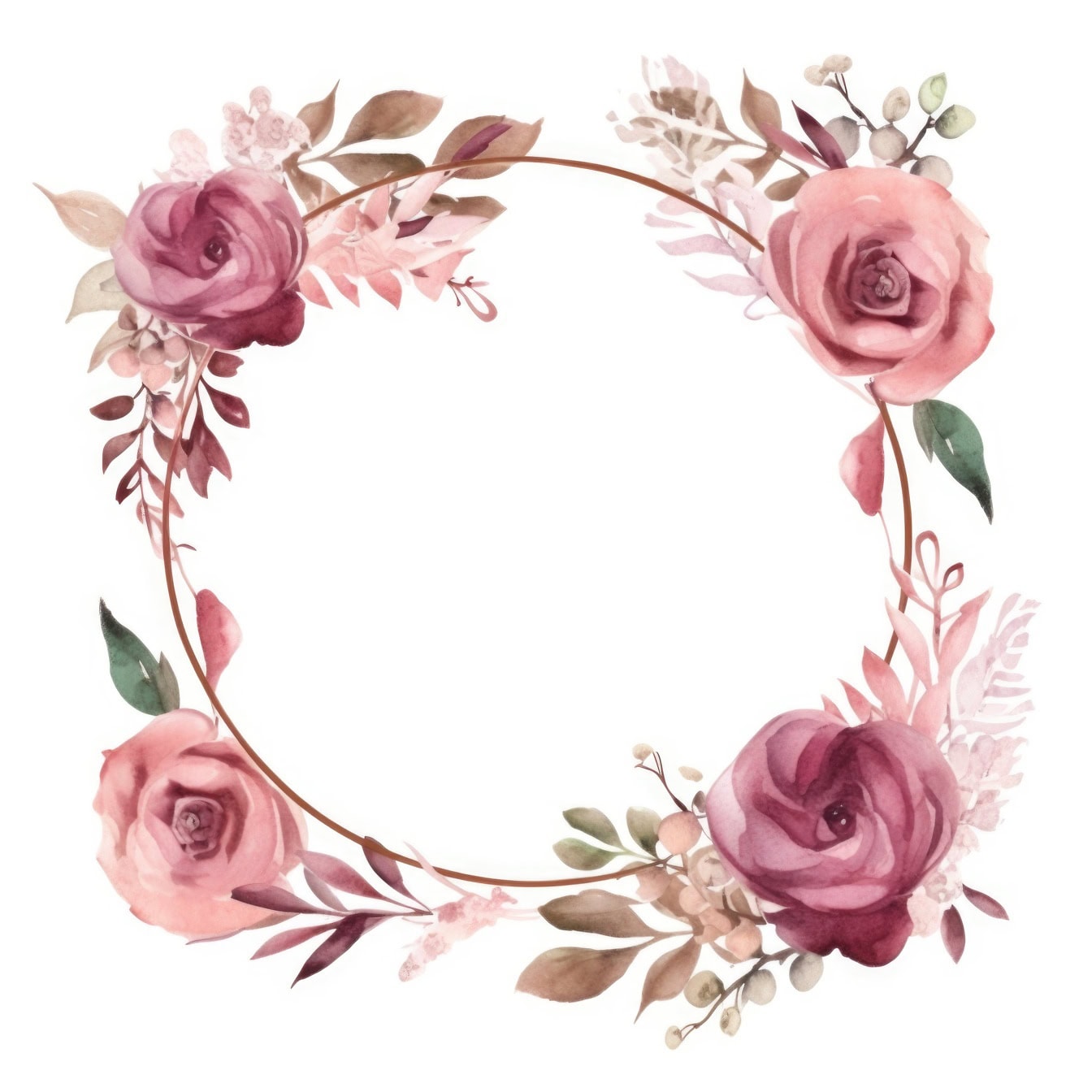 Akvarel věnec z pastelově růžových květů a listů růže