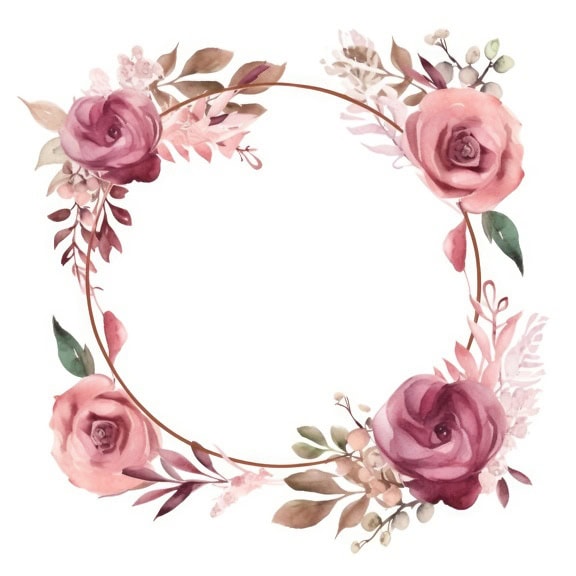 Akwarela przedstawiająca wieniec z pastelowych różowych kwiatów i liści róży