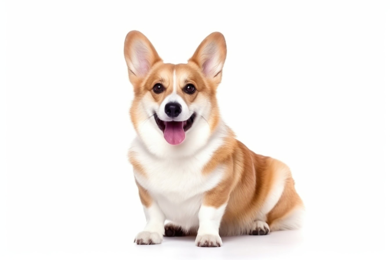 Anjing ras Welsh Corgi, atau ras Pembroke dengan lidah terulur di latar belakang putih