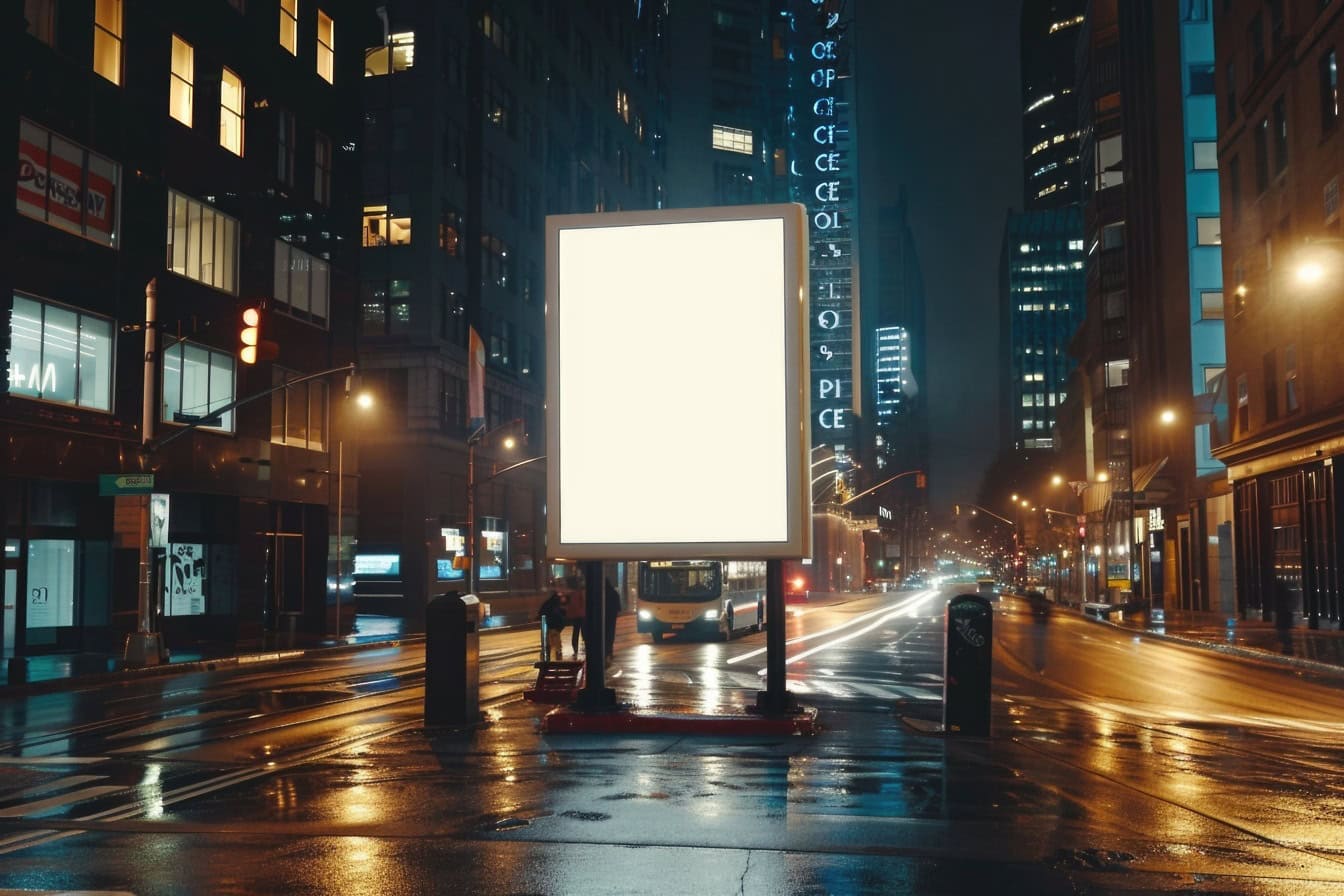 Modello di marketing con cartellone pubblicitario bianco in centro di notte, un’illustrazione di pubblicità