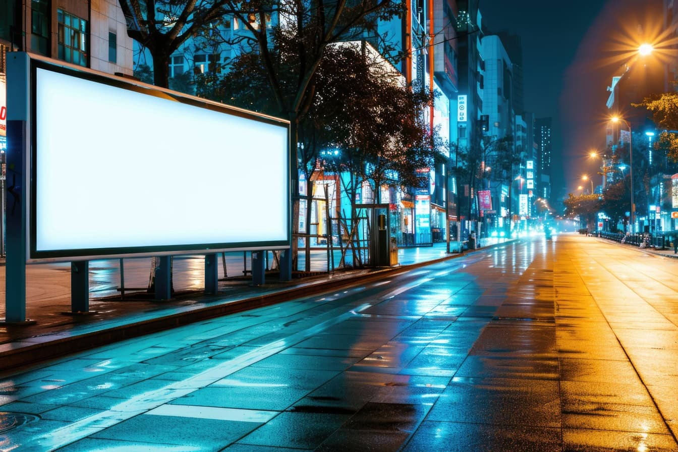 Grafisk mall med vit reklamskylt på gata av staden på natten