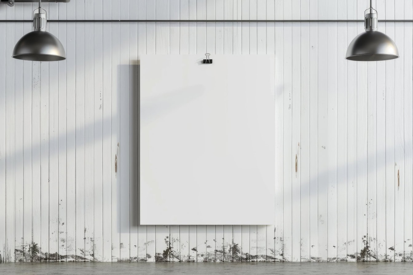 Grafički predložak s čisto bijelim plakatom na bijelom drvenom zidu