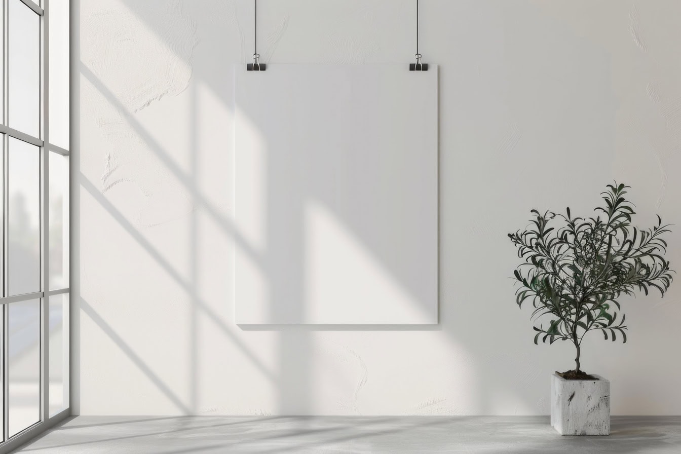 Desain interior minimalis dengan template poster putih kosong di dinding