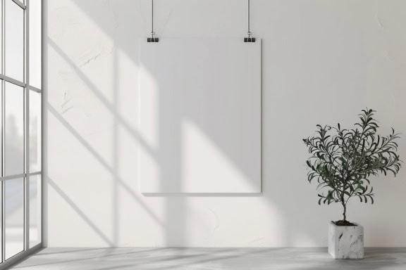 Minimalistisk interiørdesign med en mal med blank hvit plakat på veggen