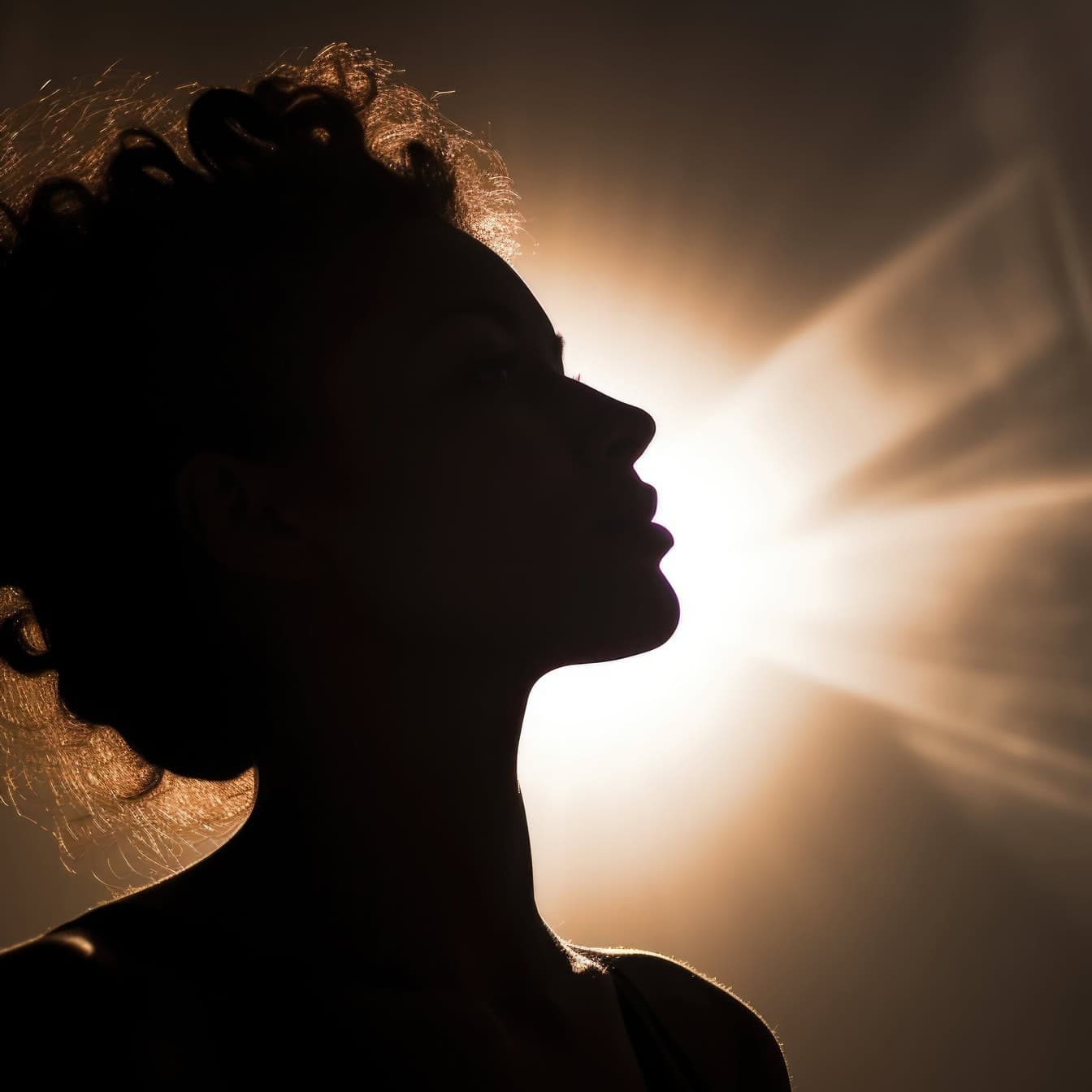 Silueta de un perfil de una mujer con el sol brillando a través de su cabello