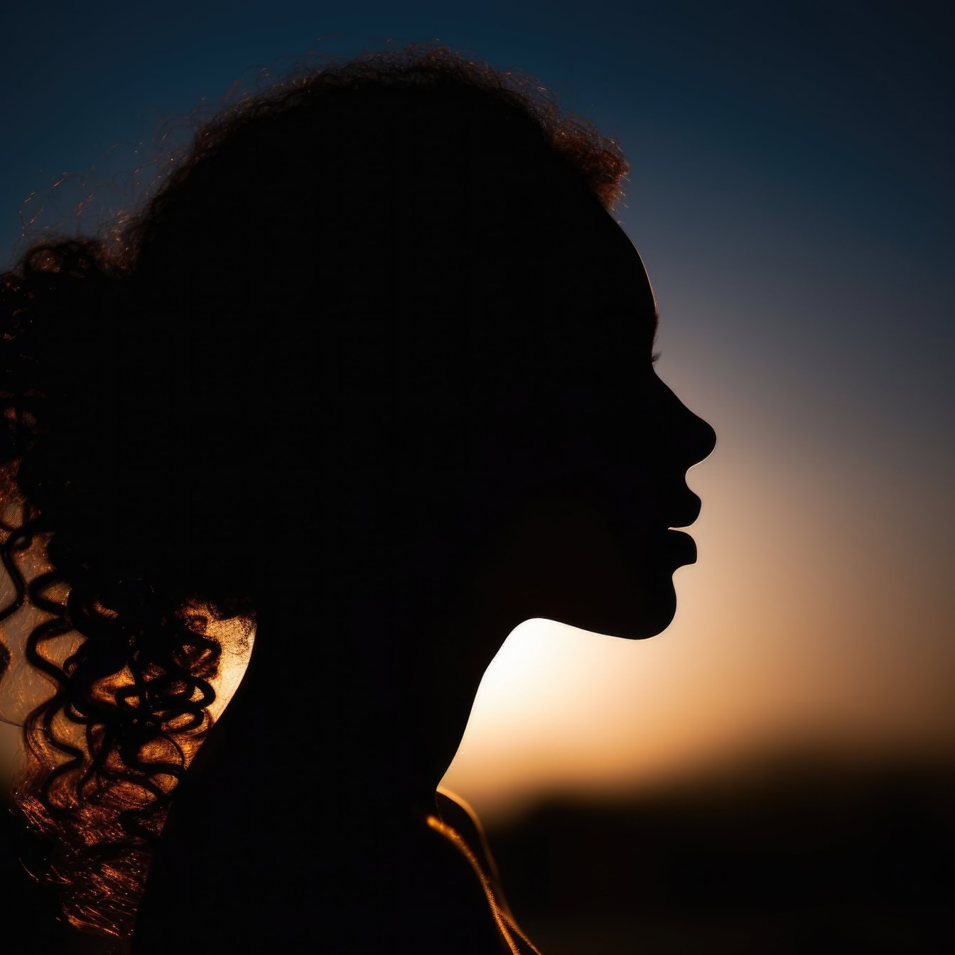 Kontur av en profil av en kvinna med långt lockigt hår med solnedgång som bakgrundsbelysning