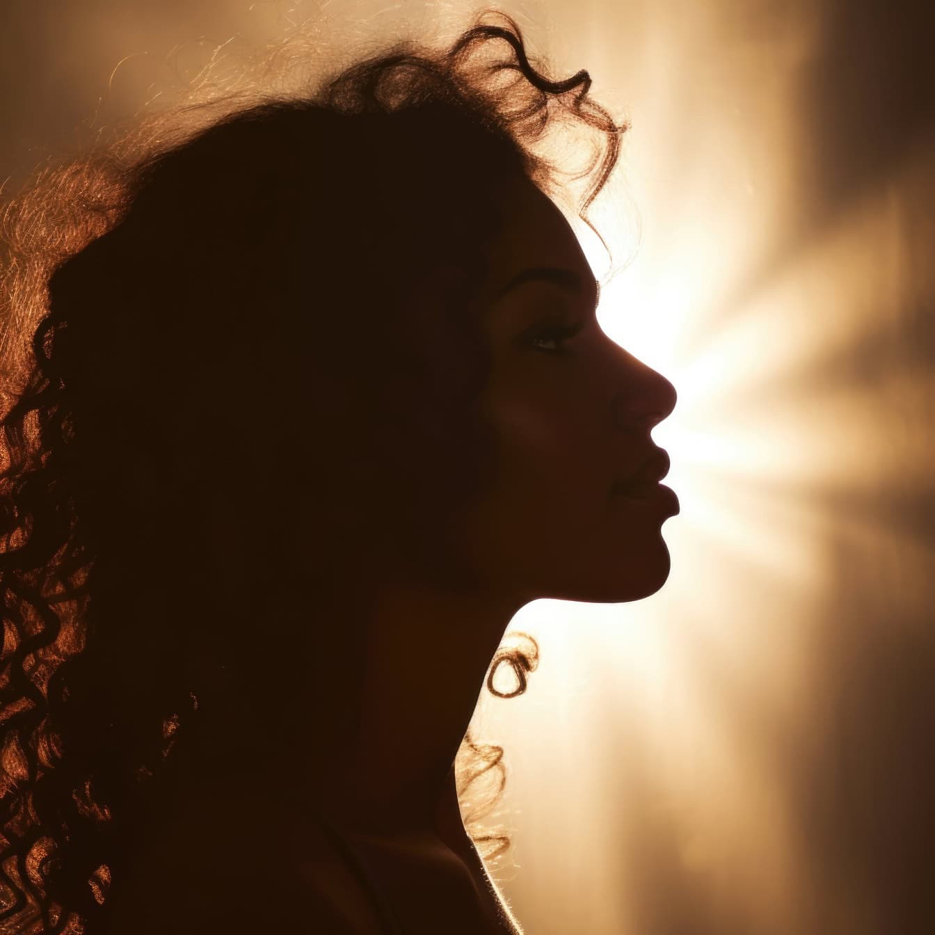 Profil einer Silhouette einer Frau, durch deren Haar die Sonne scheint