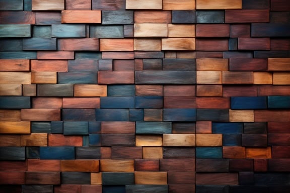 Wall of wooden blocks in different colors and sizes stacked horizontally