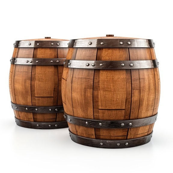 Two rustic wooden barrels for wine on white background