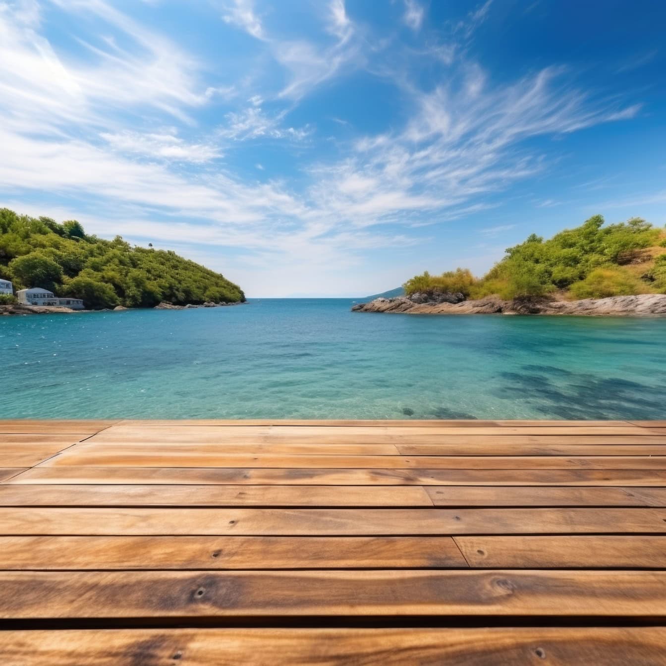 Arka planda bir ada panoraması ve mavi gökyüzü ile bir koya bakan ahşap güverte