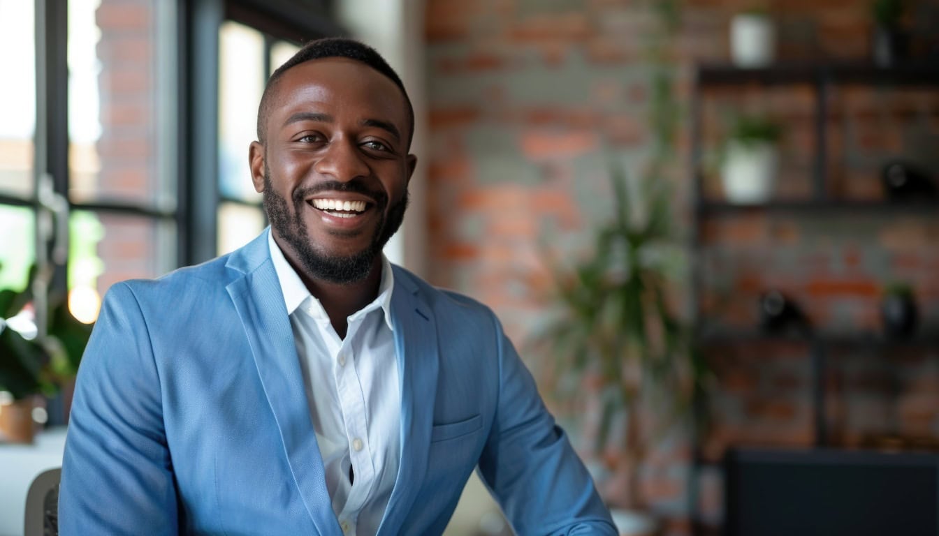 Chân dung một doanh nhân người Mỹ gốc Phi đẹp trai, mỉm cười trong bộ đồ màu xanh tại văn phòng