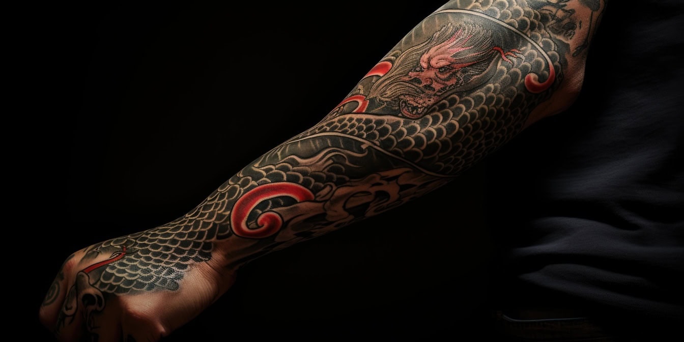 Yakuza tetoválás sárkánnyal, műalkotás az ember karján