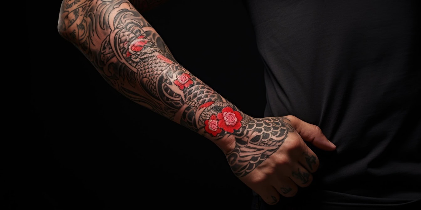Hombre en la oscuridad con el hermoso tatuaje de Yakuza con flores rojas en el brazo