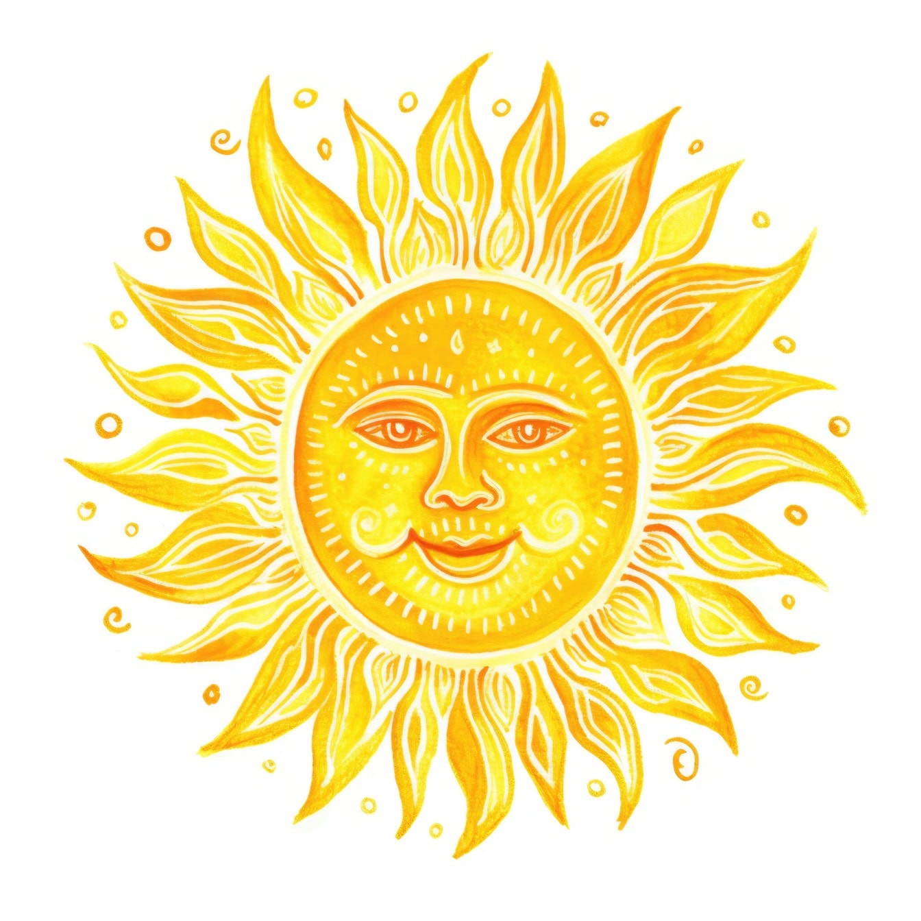Grafikk av en gul sol med et smilende ansikt tegnet på den på hvit bakgrunn