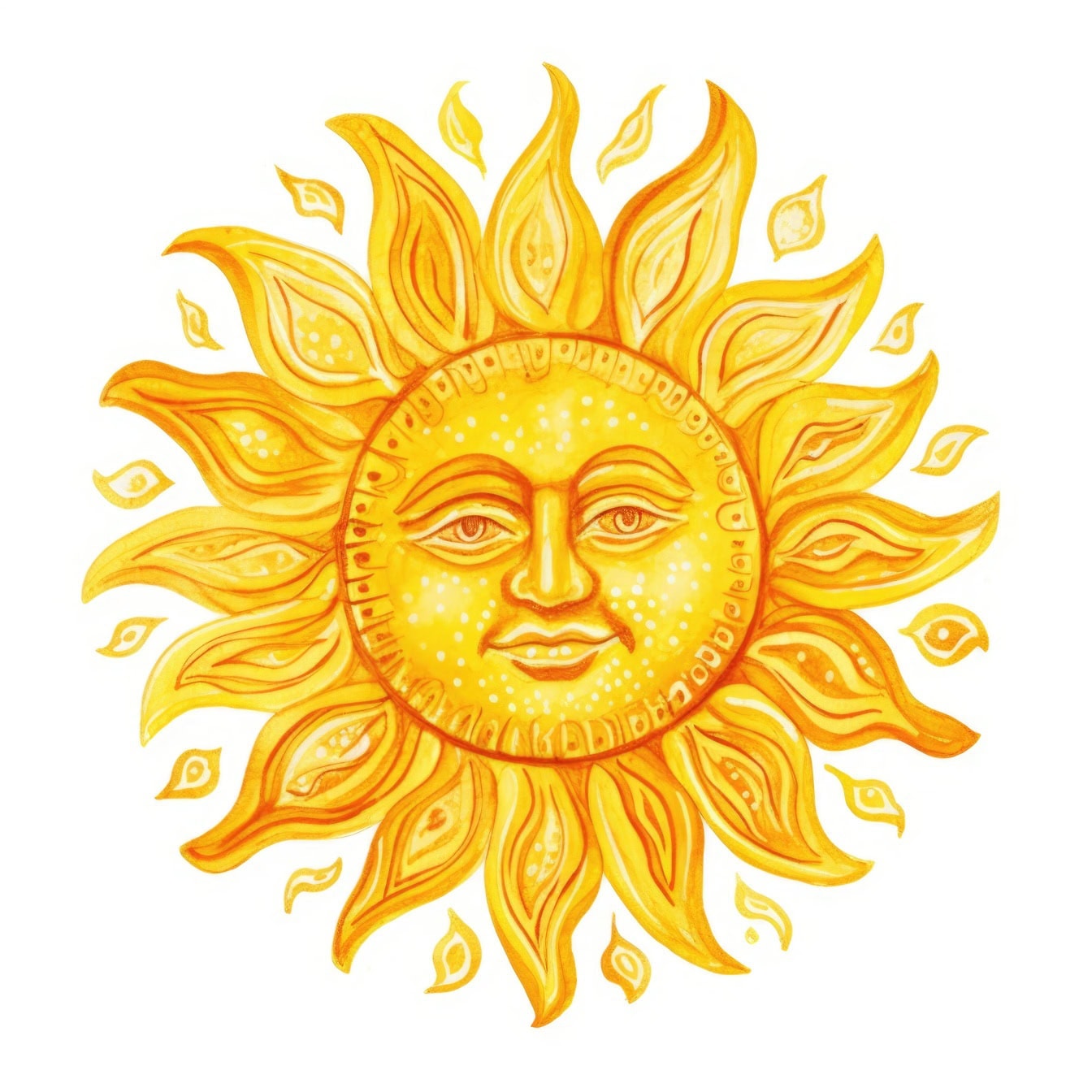 Grafisk illustration av en orange-gul sol med ett ansikte på vit bakgrund