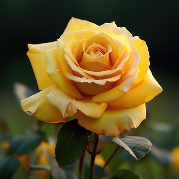 Trandafir hibrid galben cu picături de rouă pe petale și frunze verzi