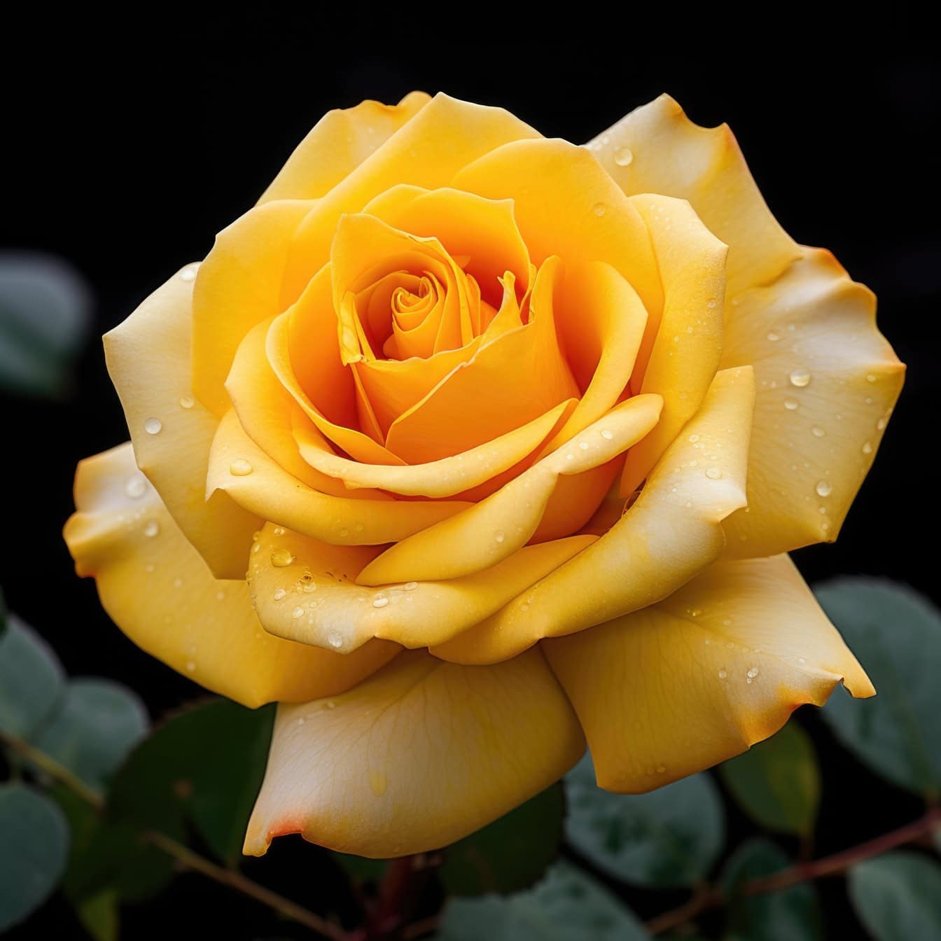 Рисунок пастельно-желтой розы с каплями воды на ней