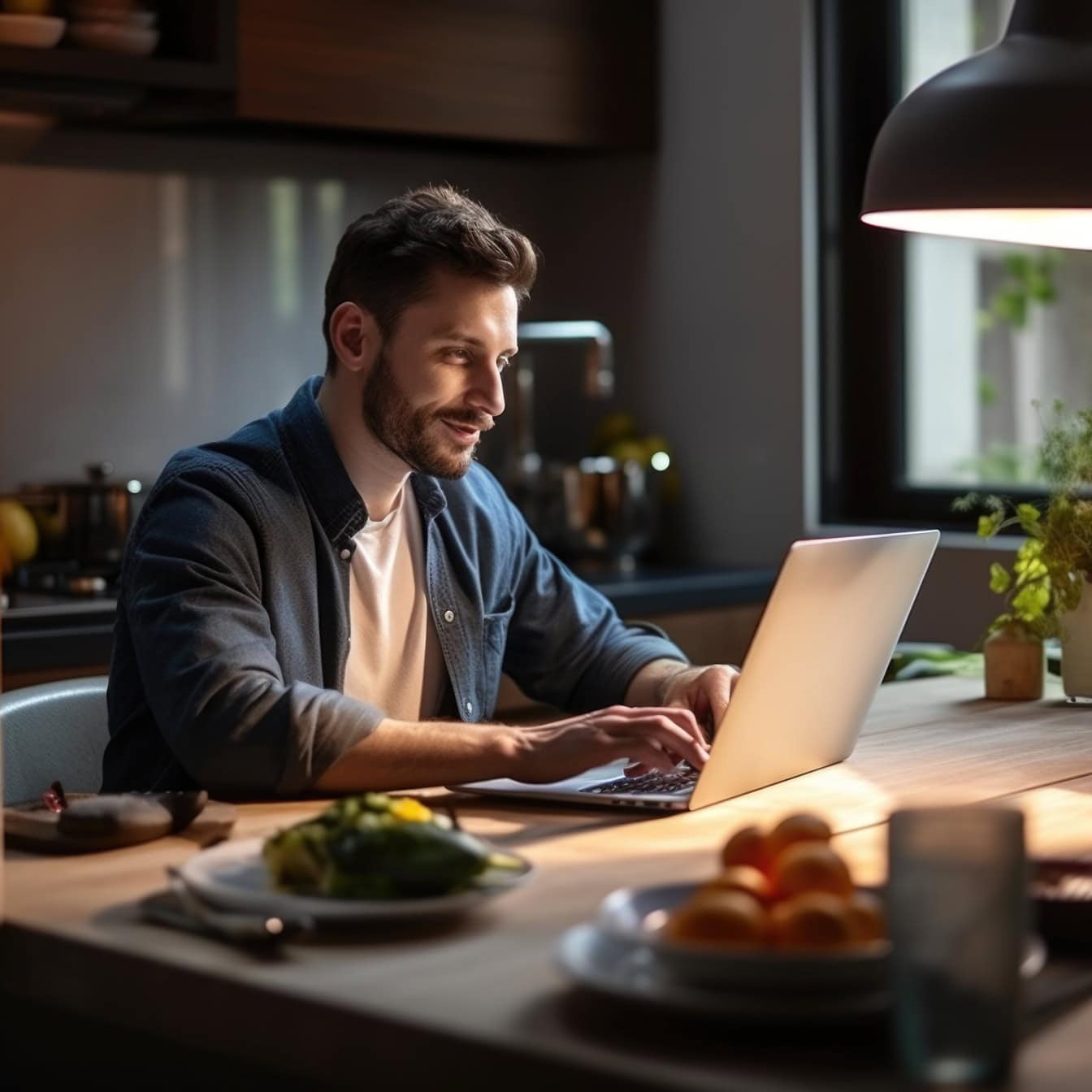 Man sitting at a table at home and works online remotely on laptop computer