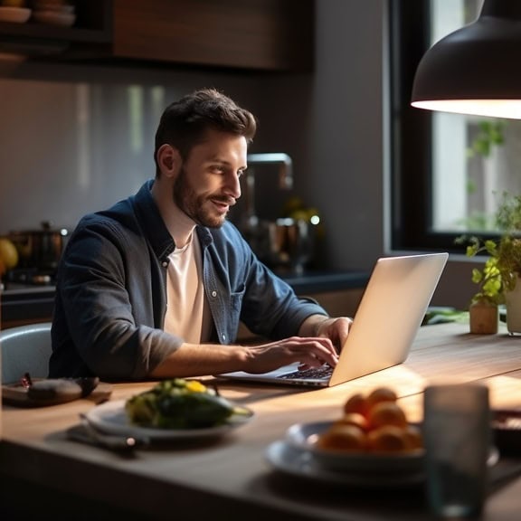 Muž sedí doma pri stole a pracuje online na diaľku na prenosnom počítači