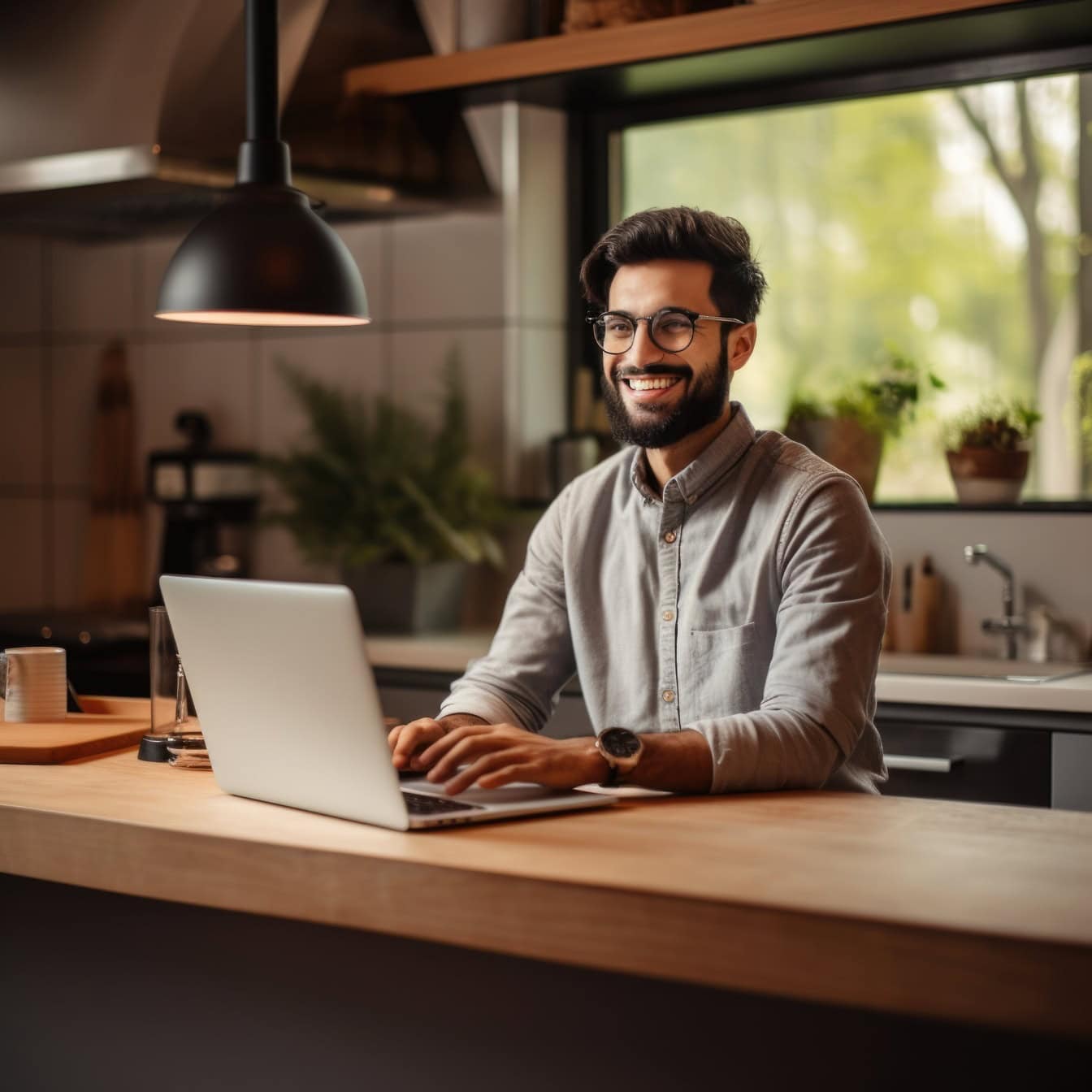 Uomo libero professionista seduto a un bancone in cucina con un laptop e che lavora in remoto da casa sua