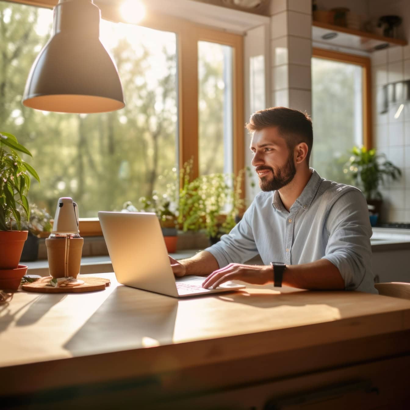 Seorang pria lepas duduk di meja dapur dengan laptop dan bekerja online dari jarak jauh dari rumahnya