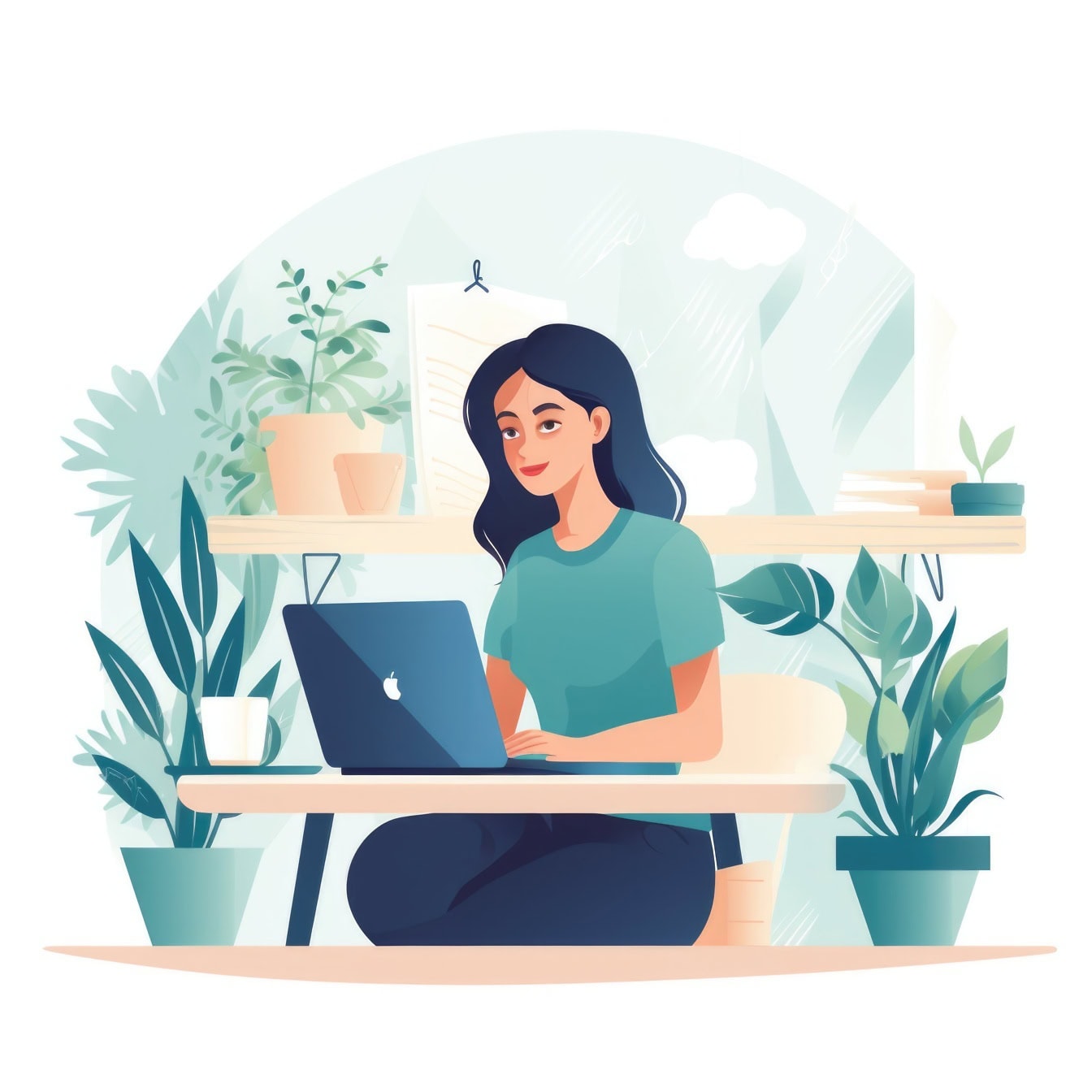 Rappresentazione grafica di una donna seduta a una scrivania nella sua casa e che lavora come freelance utilizzando il suo laptop Mackintosh