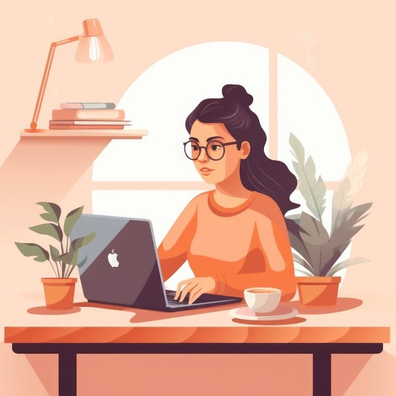 Vector illustration of a woman sitting at a desk with a Macintosh laptop computer