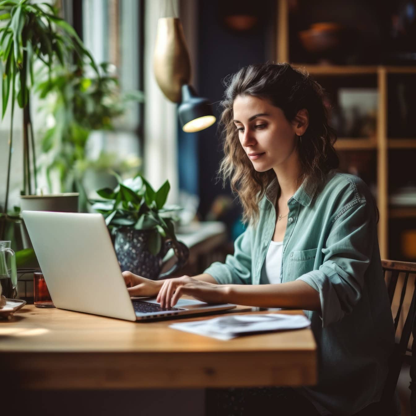 Kütük kıvırcık saç stiline sahip güzel esmer bir kadın, internet üzerinden uzaktan çalışmak için dizüstü bilgisayar kullanarak bir masada oturuyor