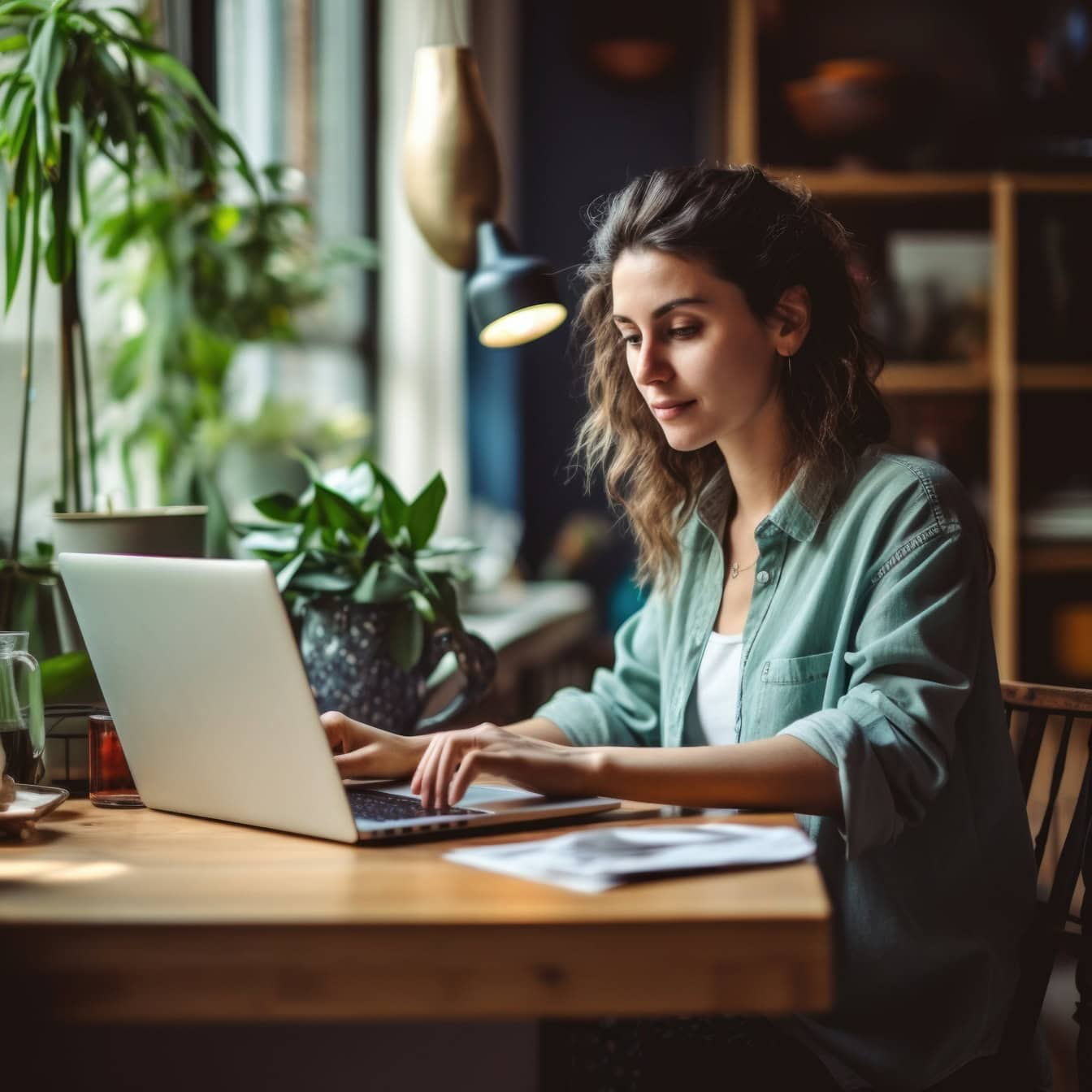 Eine hübsche brünette Frau mit lockiger Frisur, die an einem Tisch sitzt und einen Laptop benutzt, um aus der Ferne über das Internet zu arbeiten