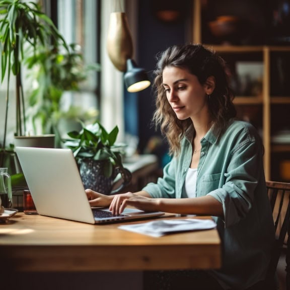 Une jolie femme brune aux cheveux bouclés assise à une table utilisant un ordinateur portable pour travailler à distance sur Internet