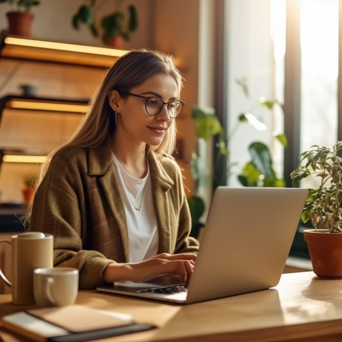 Mulher consideravelmente nova que senta-se em uma mesa com um computador portátil no escritório do secretário