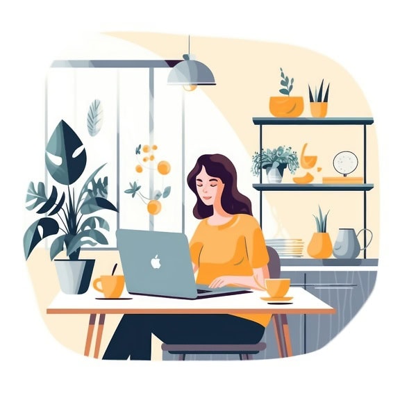 Đồ họa vector của một phụ nữ thư ký ngồi ở bàn với máy tính xách tay tại văn phòng
