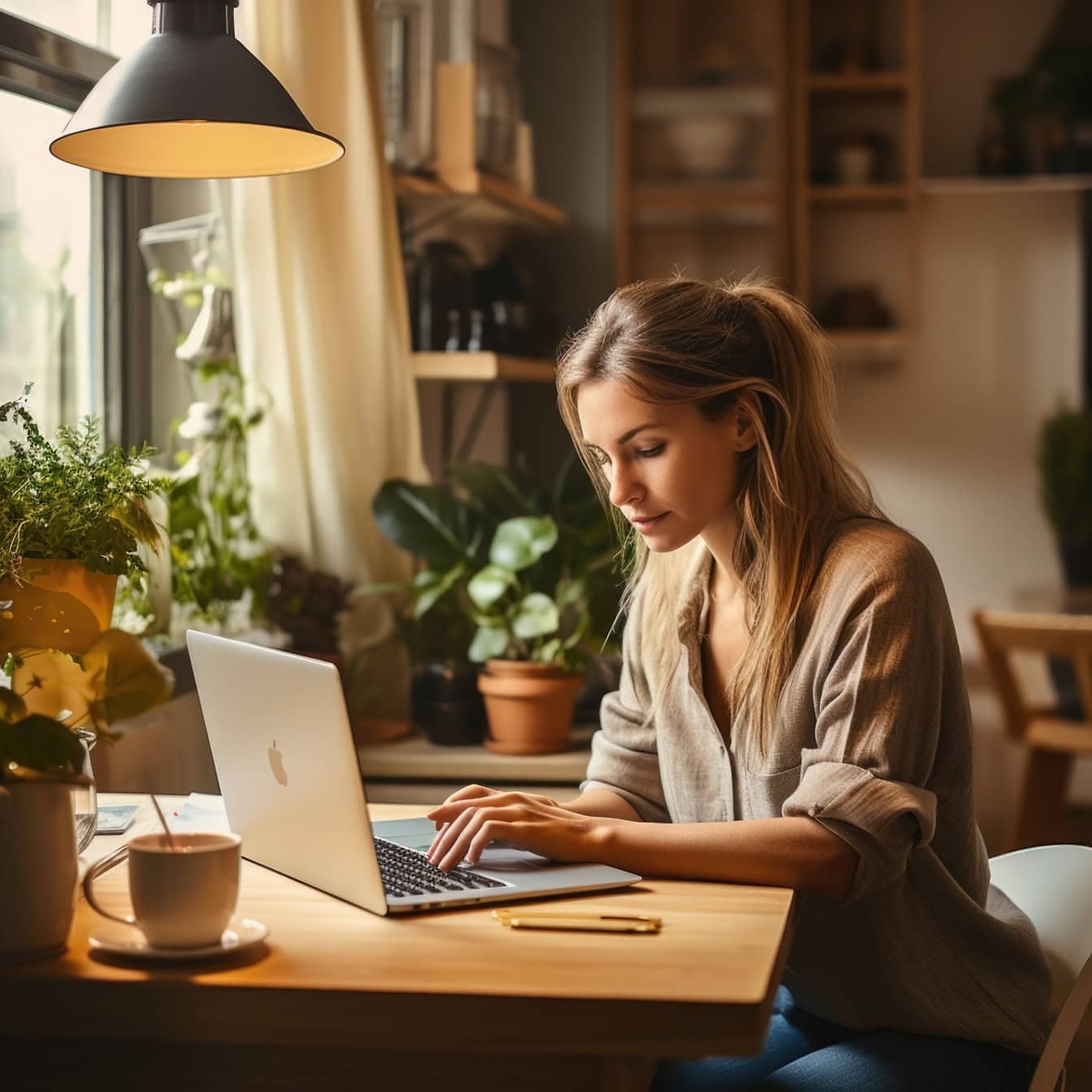 잘 생긴 금발 여자가 매킨토시 노트북을 사용하여 집에 원격으로 인터넷 기업가로 일하고 테이블에 앉아 있습니다.