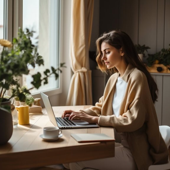 Een onderneemster die aan een tafel zit met behulp van een laptop en op afstand werkt vanuit haar huis als internetondernemer