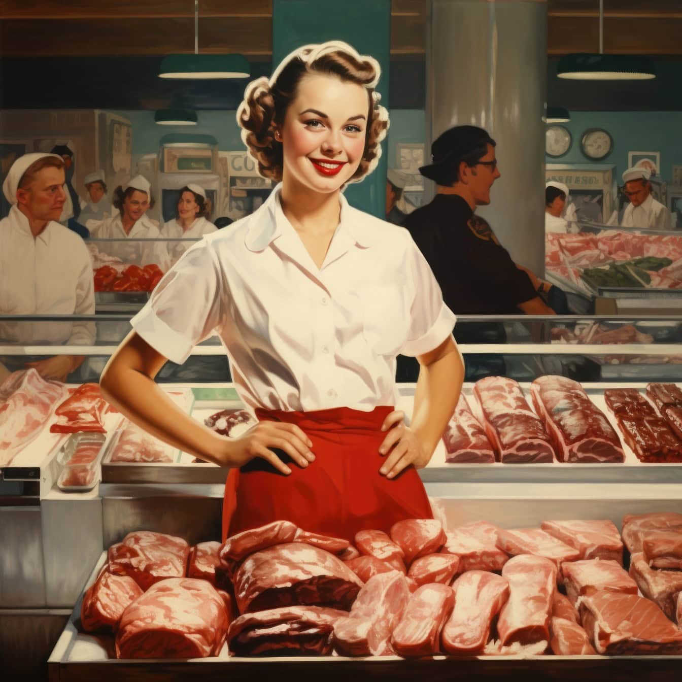 Seorang wanita tukang daging berdiri di depan daging di toko daging atau supermarket, sebuah ilustrasi dengan gaya tahun 1960-an