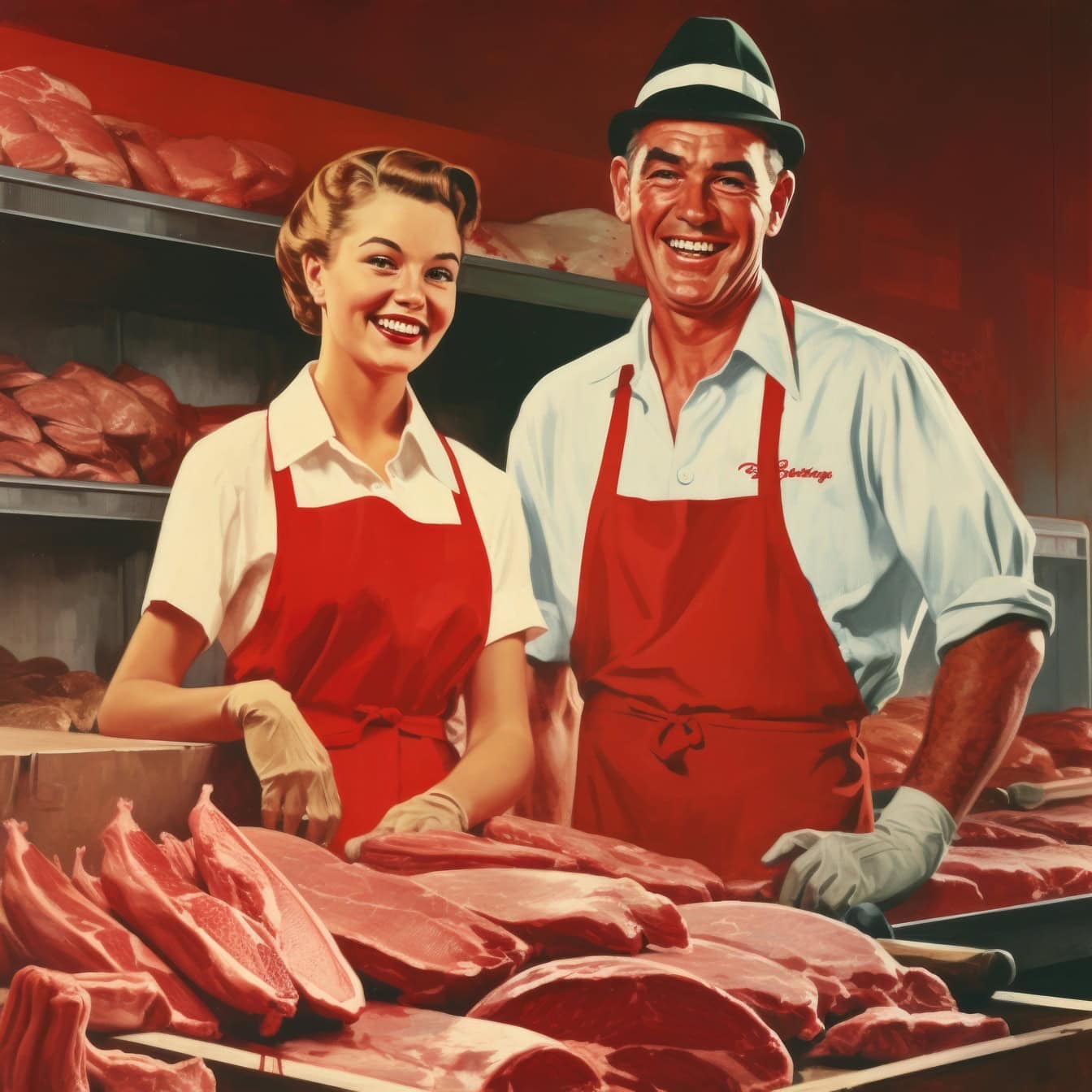 Seorang tukang daging dan seorang wanita berdiri di toko daging, sebuah ilustrasi dengan gaya tahun 1970-an,