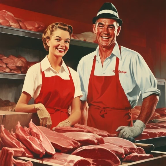 一个屠夫和一个女人站在肉店里，一幅 1970 年代风格的插图，