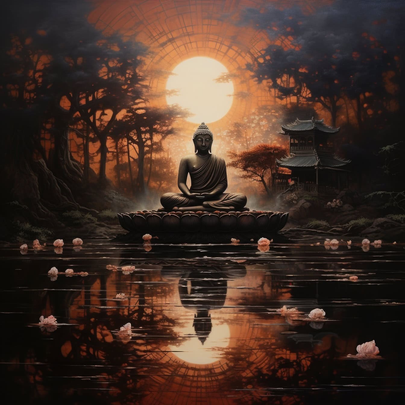 Illustrazione grafica della statua di un buddha seduto e meditando su un fiore di loto di fronte a un tramonto