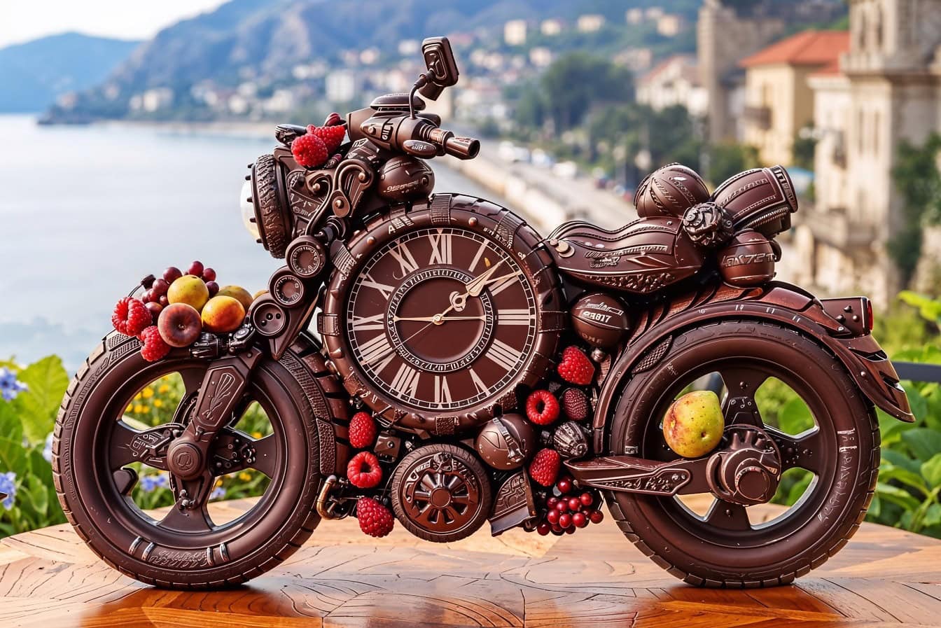 Dekoračné hodinky vo forme čokoládového motocykla