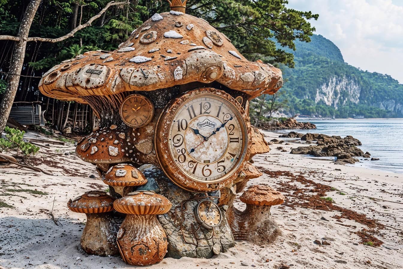Jam analog dalam bentuk jamur dongeng di tepi pantai