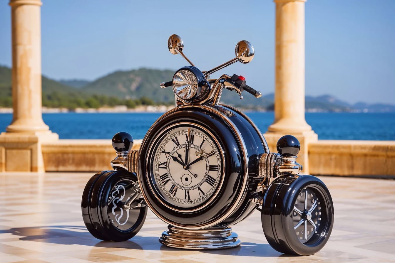 Jam analog dekoratif dalam bentuk sepeda roda tiga di teras