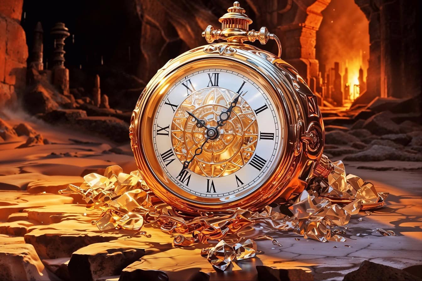 Роскошные золотые аналоговые часы в стиле барокко 19 века в окружении кристаллов