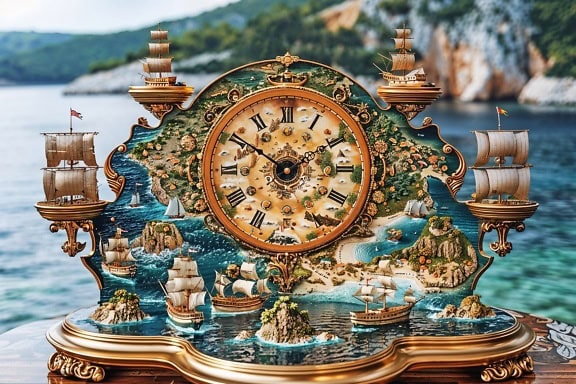 An analog clock in Victorian-maritime style with a painting on it and with 3D decorations of sail ships