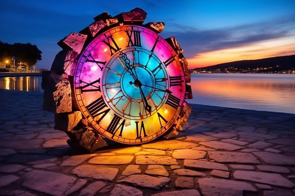 A masterpiece of sculptures of an analogue clock with colorful background lights on the beach at dusk