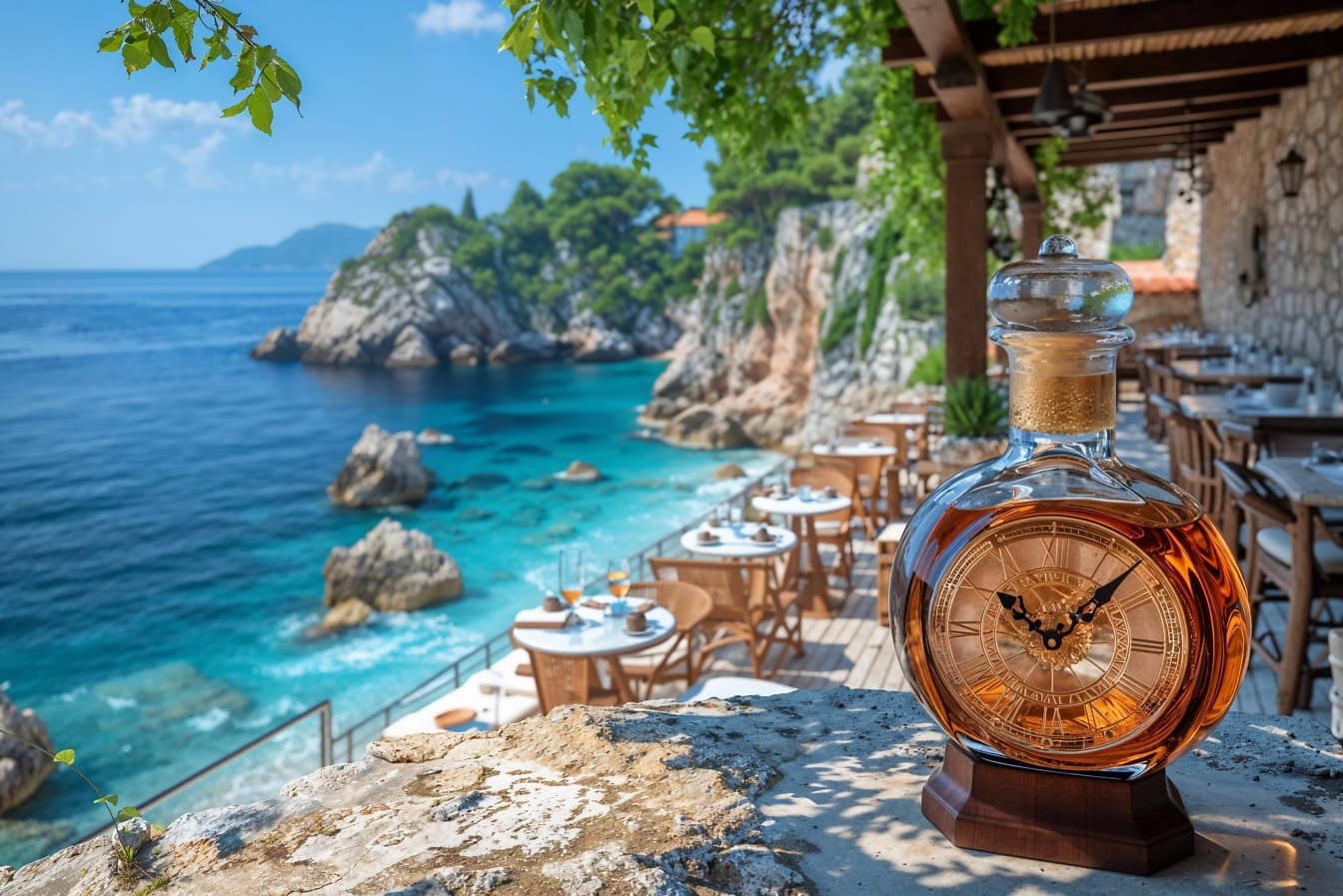 해변 레스토랑의 테이블에 카라페 시계 형태의 걸작 수제 리큐어 병
