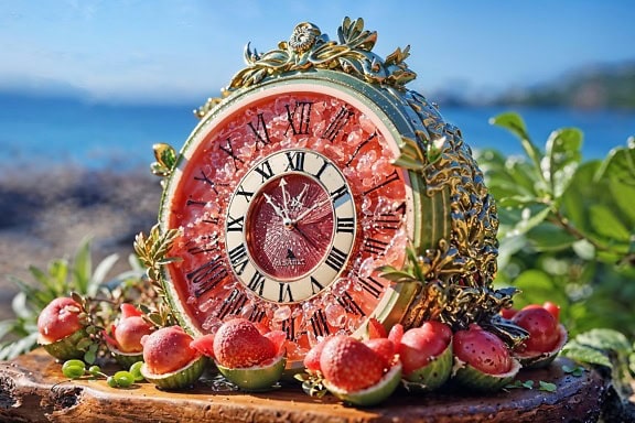 A masterpiece of photomontage of a magnificent analog clock in the form of a watermelon