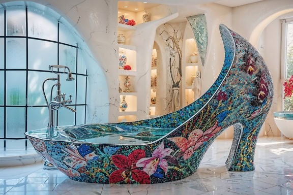 Інтер’єр розкішної ванної кімнати з ванною у формі взуття на високих підборах