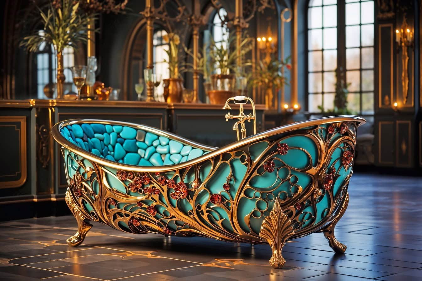 A handmade bathtub decorated with gold and gemstones, a luxurious masterpiece reminiscent of Gaudi’s works of art