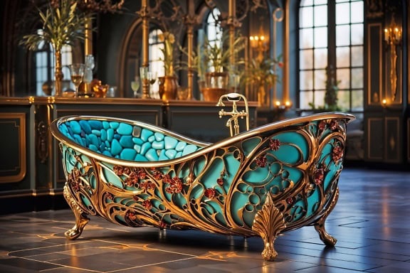 Eine handgefertigte Badewanne, die mit Gold und Edelsteinen verziert ist, ein luxuriöses Meisterwerk, das an Gaudís Kunstwerke erinnert